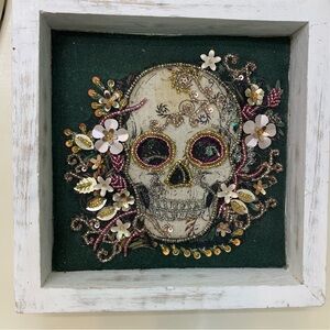 Embroidered Skull Art in White Frame